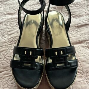 Tommy Hilfiger Black Leather Cutout Espadrille Wedge Sandals